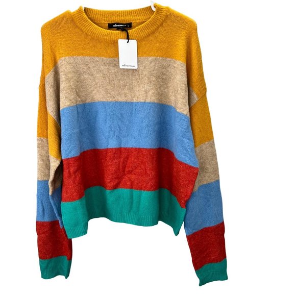 Olivaceous Alpaca Sweater size L Striped Muted Rainbow Crewneck Soft NWT - Picture 1 of 6
